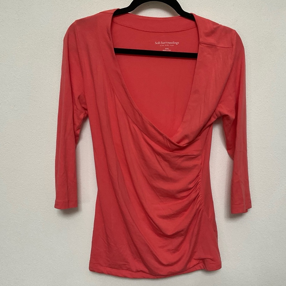 Soft Surroundings Peachy Pink Pima Stretch 3/4 Sleeve Faux Wrap Top Size Small
